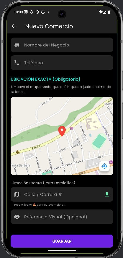 Pantalla de registro de comercio en Zentro App